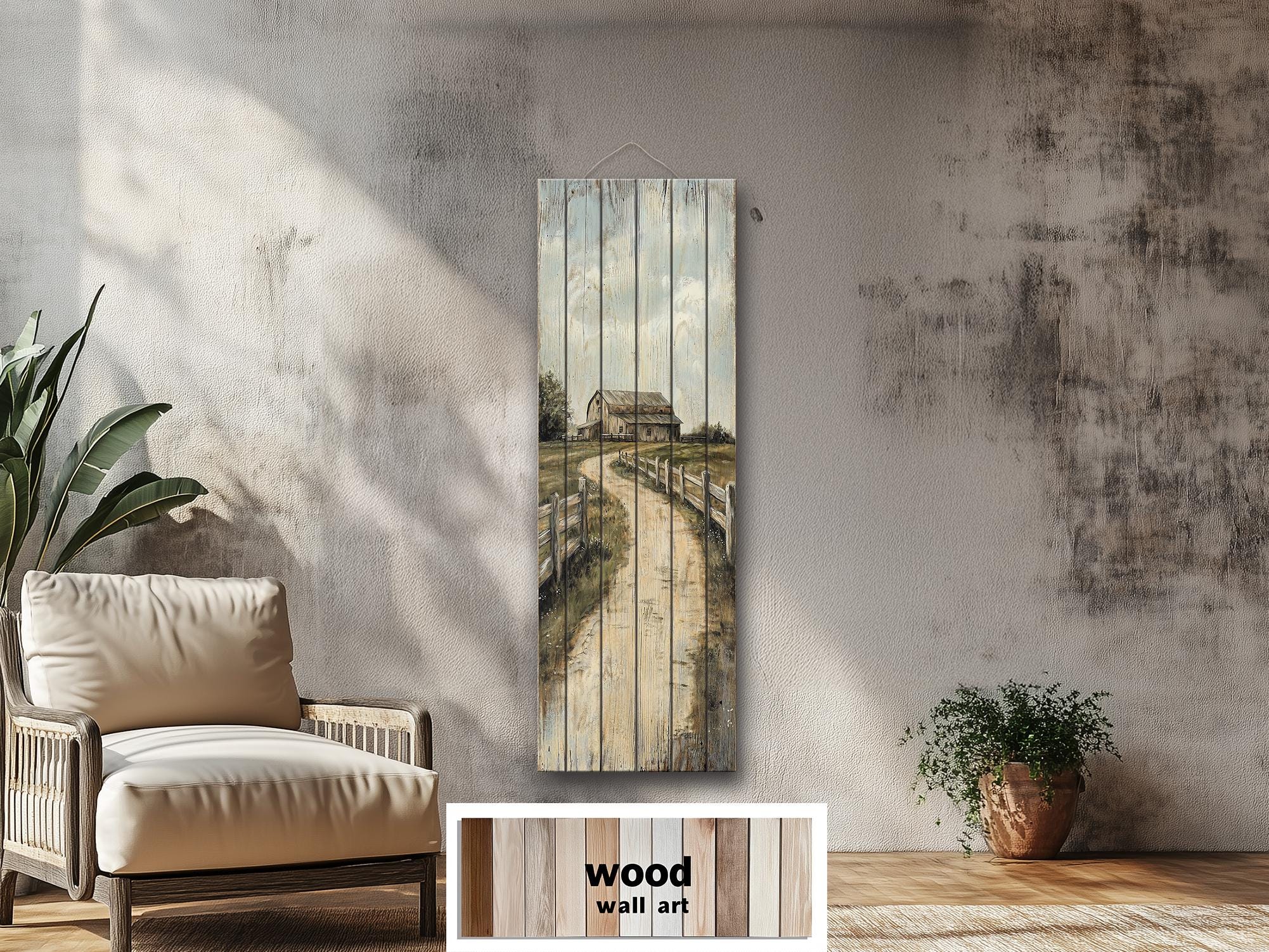 Farmhouse Wood Wall Art - Tall Narrow Distressed Barn Landscape Print | Rustic Wood Decor
