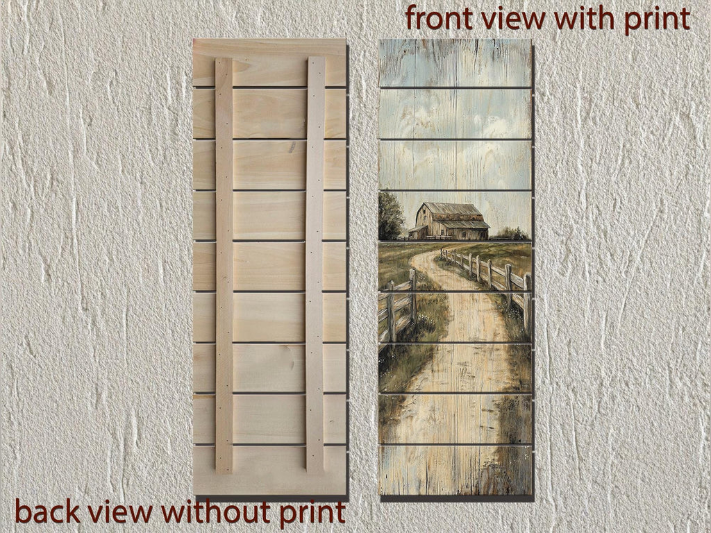 Farmhouse Wood Wall Art - Tall Narrow Distressed Barn Landscape Print | Rustic Wood Decor