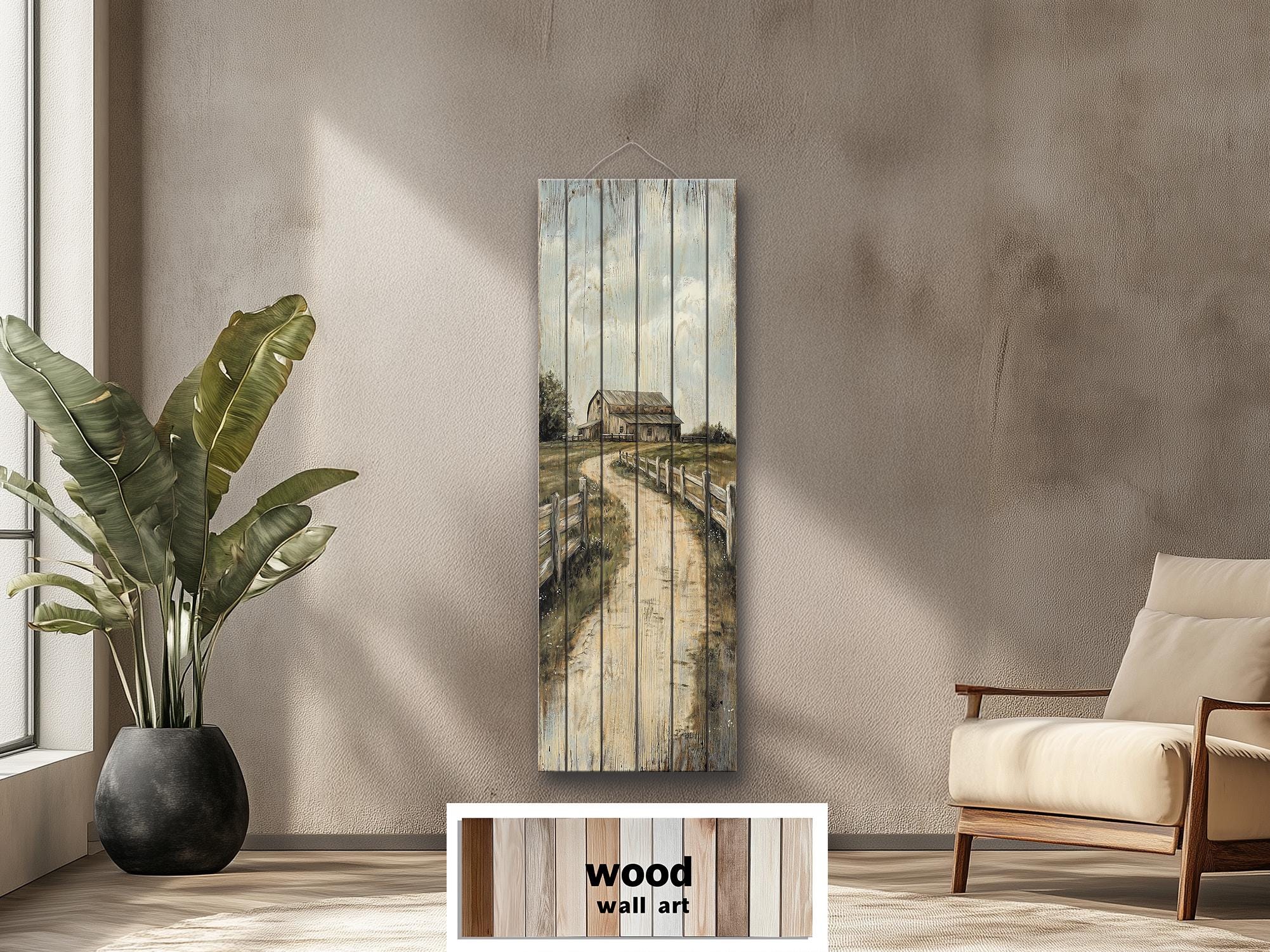 Farmhouse Wood Wall Art - Tall Narrow Distressed Barn Landscape Print | Rustic Wood Decor
