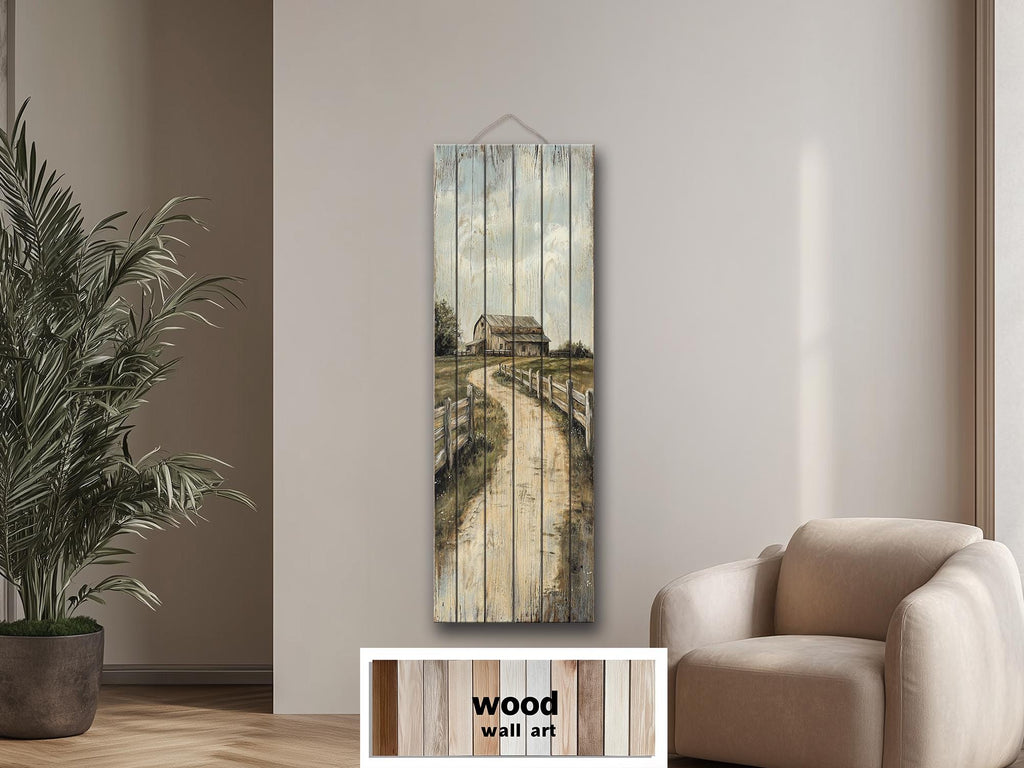 Farmhouse Wood Wall Art - Tall Narrow Distressed Barn Landscape Print | Rustic Wood Decor