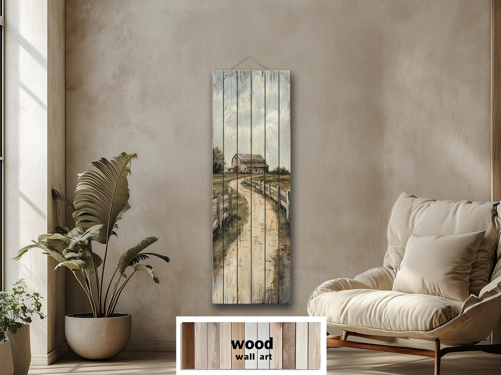 Farmhouse Wood Wall Art - Tall Narrow Distressed Barn Landscape Print | Rustic Wood Decor