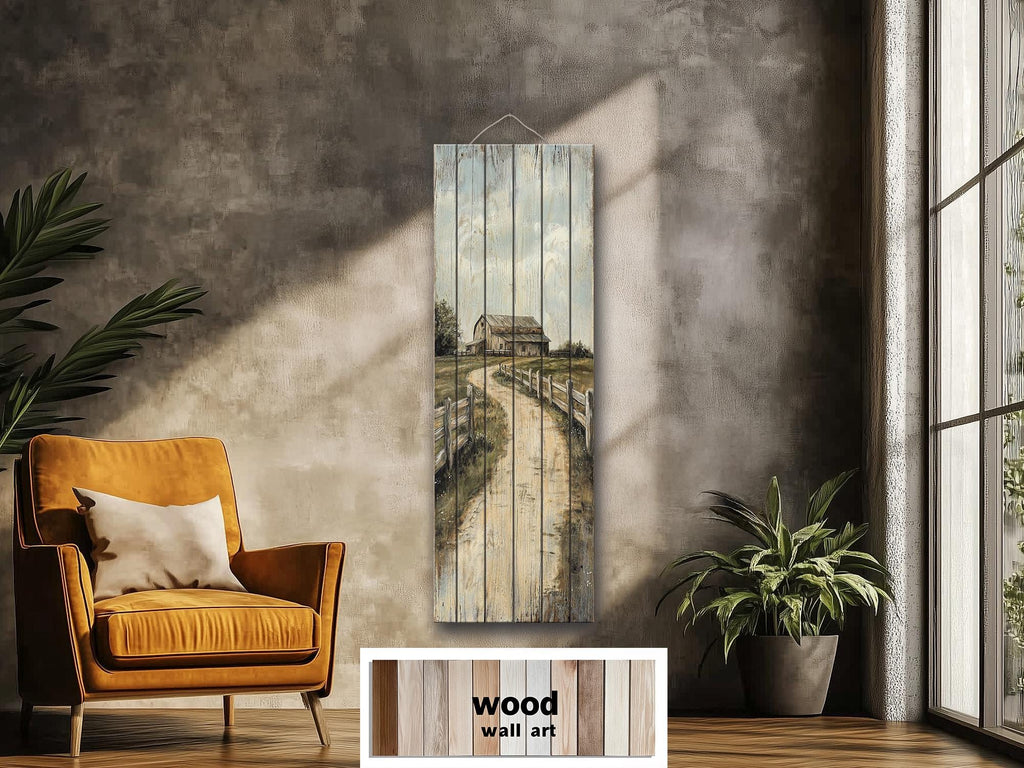 Farmhouse Wood Wall Art - Tall Narrow Distressed Barn Landscape Print | Rustic Wood Decor