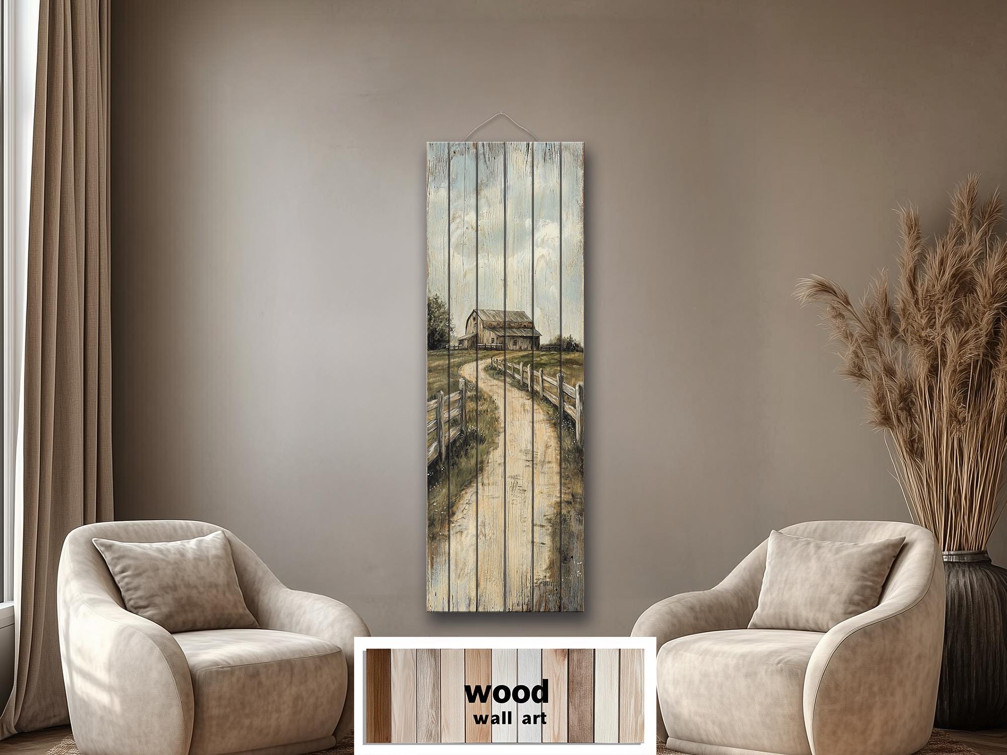 Farmhouse Wood Wall Art - Tall Narrow Distressed Barn Landscape Print | Rustic Wood Decor