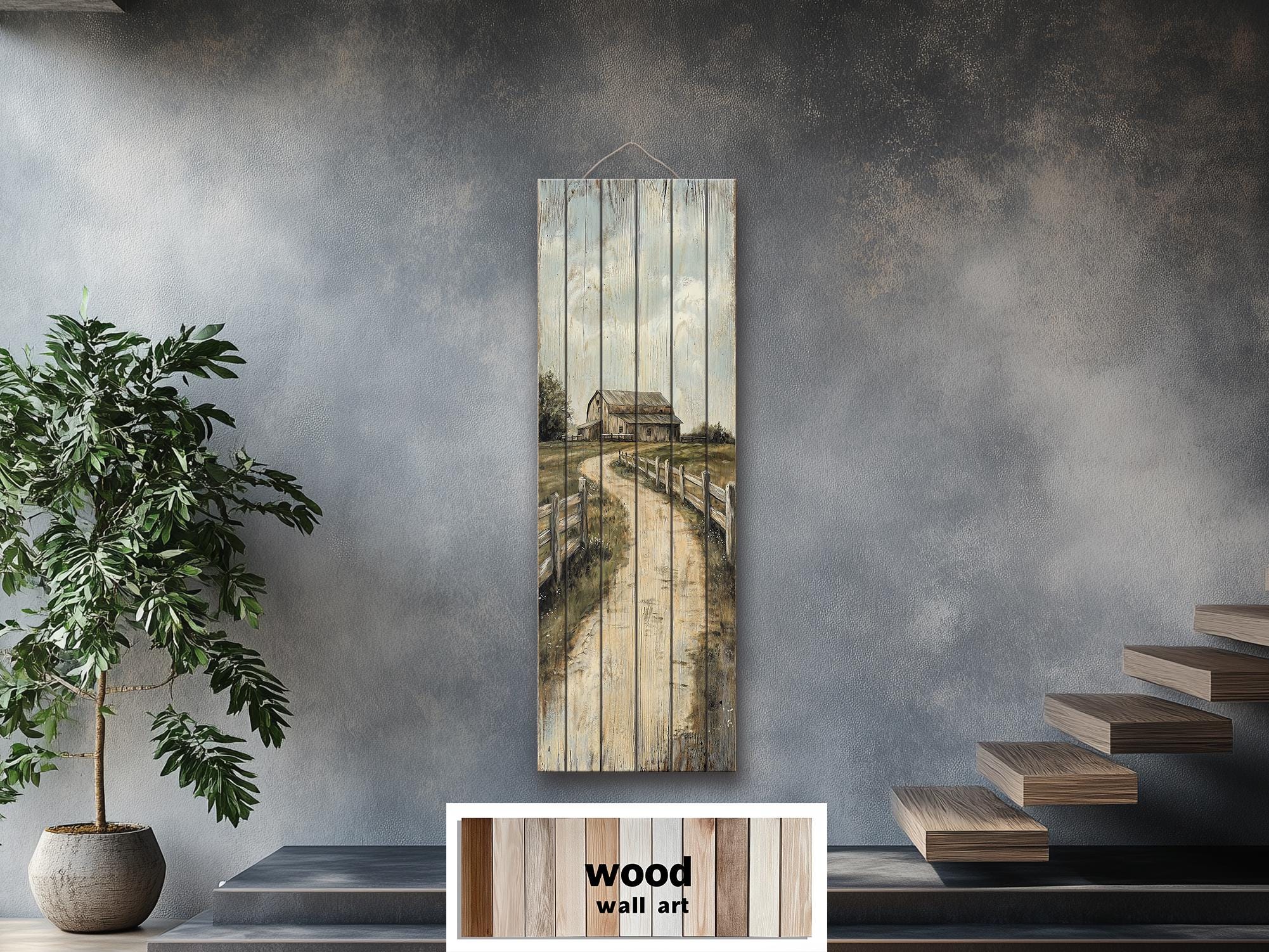 Farmhouse Wood Wall Art - Tall Narrow Distressed Barn Landscape Print | Rustic Wood Decor