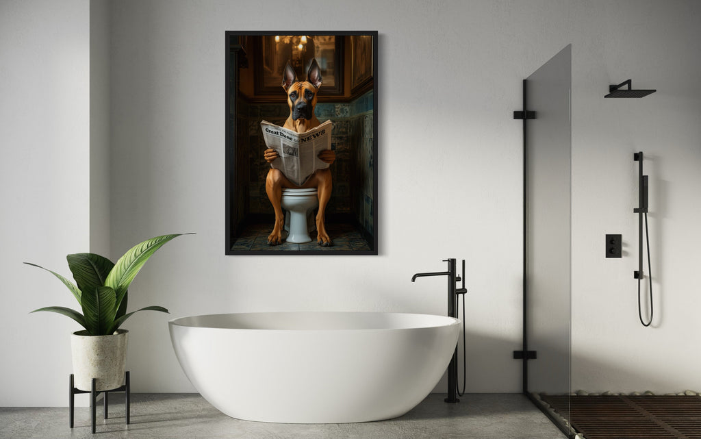 Fawn Great Dane On The Toilet Reading Newspaper Picture