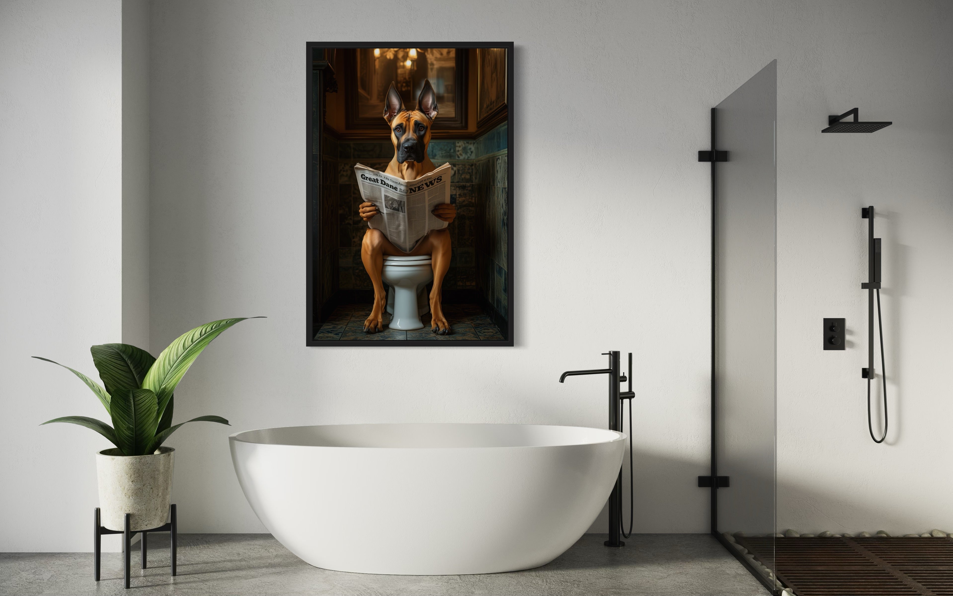 Fawn Great Dane On The Toilet Reading Newspaper Picture