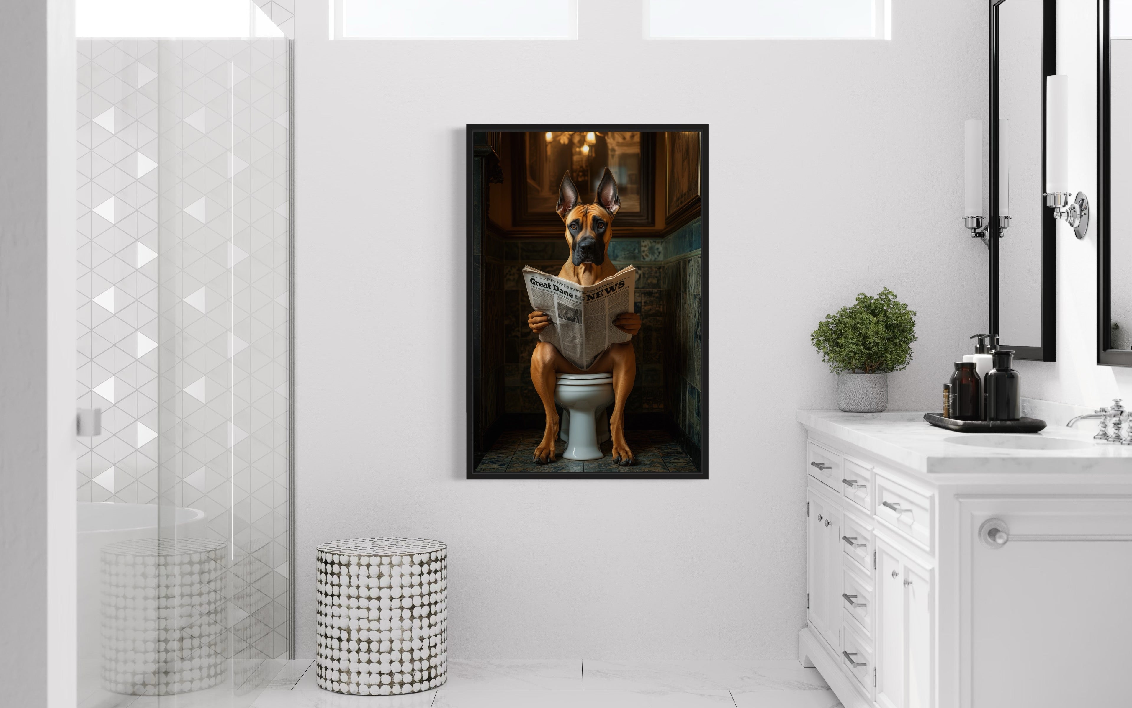 Fawn Great Dane On The Toilet Reading Newspaper Picture