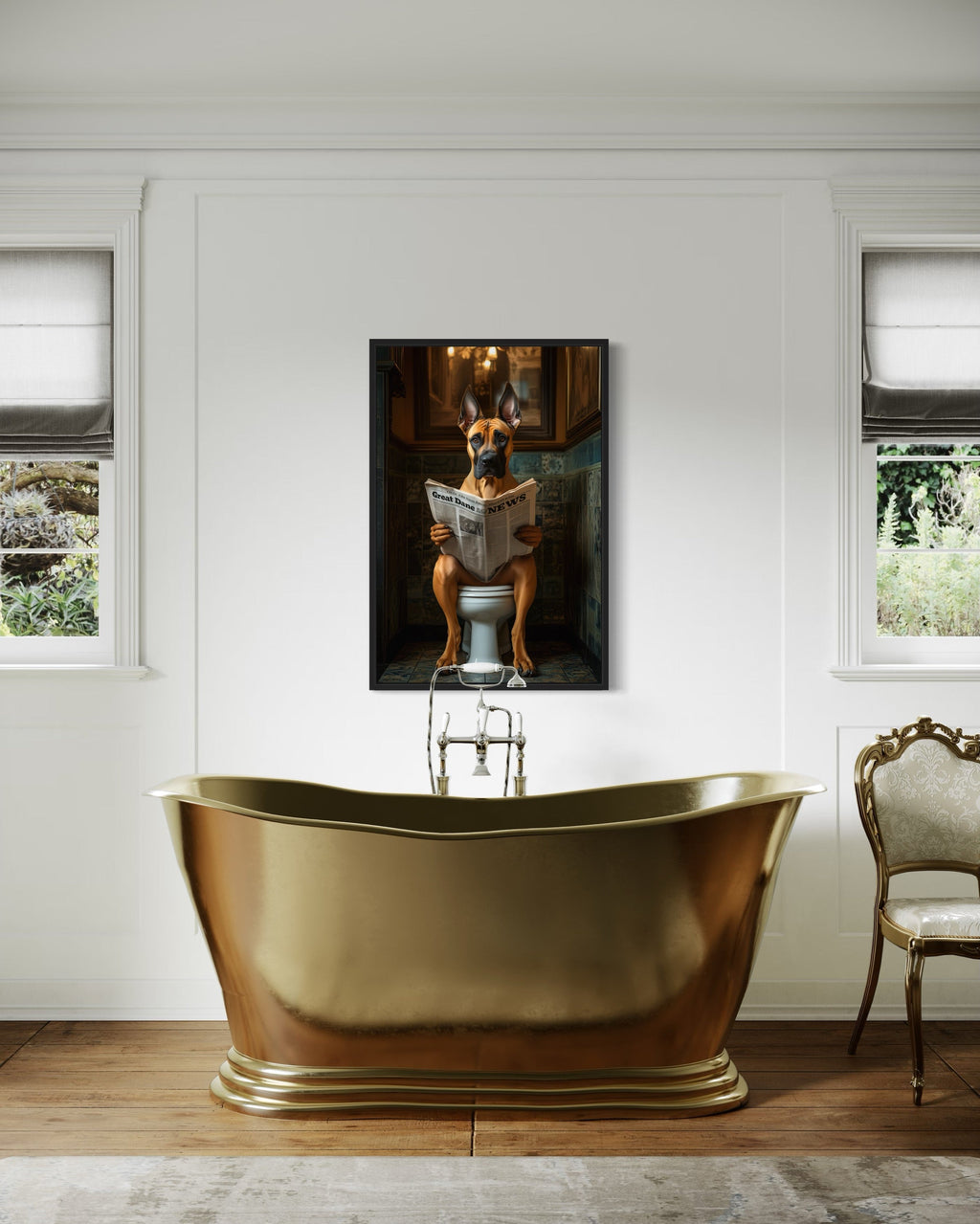 Fawn Great Dane On The Toilet Reading Newspaper Picture