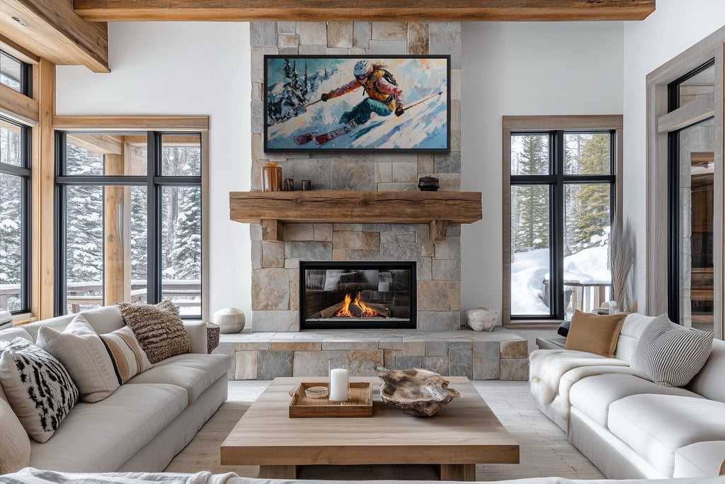 Female Skier Wall Art – Empowering Ski Art | Winter Sports Painting on Floating Frame Canvas