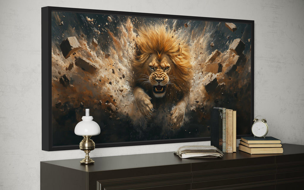 Fierce Lion Breaking Brick Wall Man Cave Wall Decor