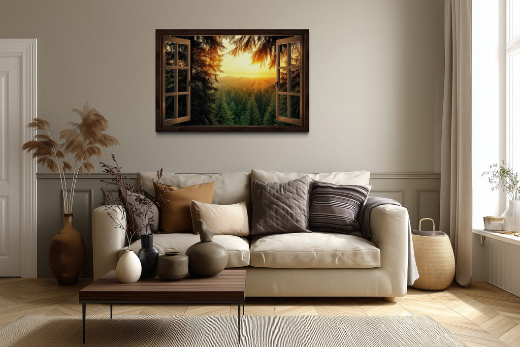 Fir Forest Sunrise Fake Window View Wall Art