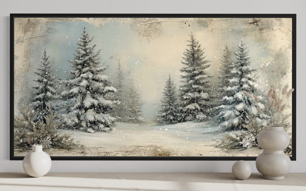 Fir Tree Forest  In Winter Framed Canvas Wall Art