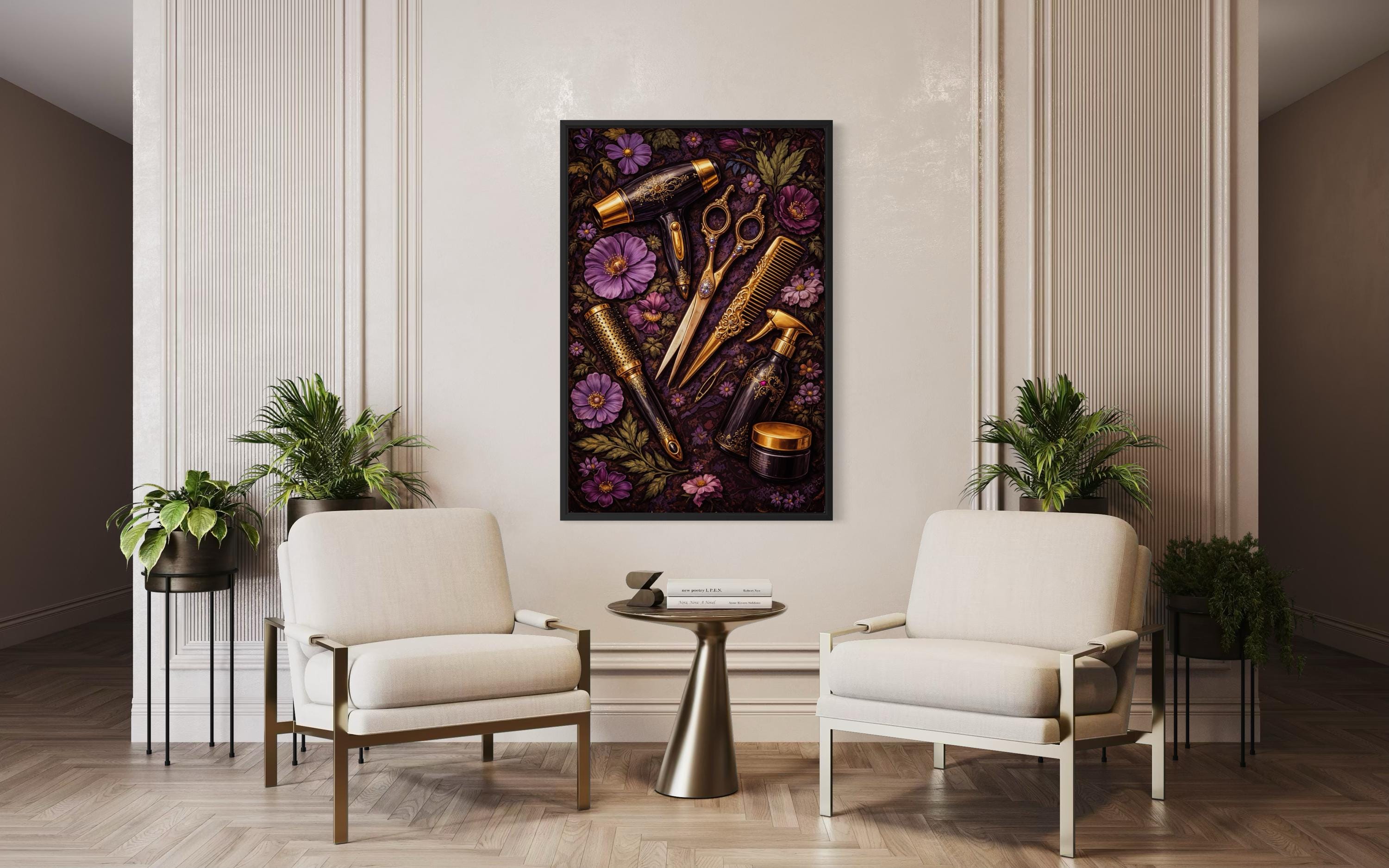 Floral Hair Salon Wall Art - Hairdresser Tools | Scissors Comb Brush Print
