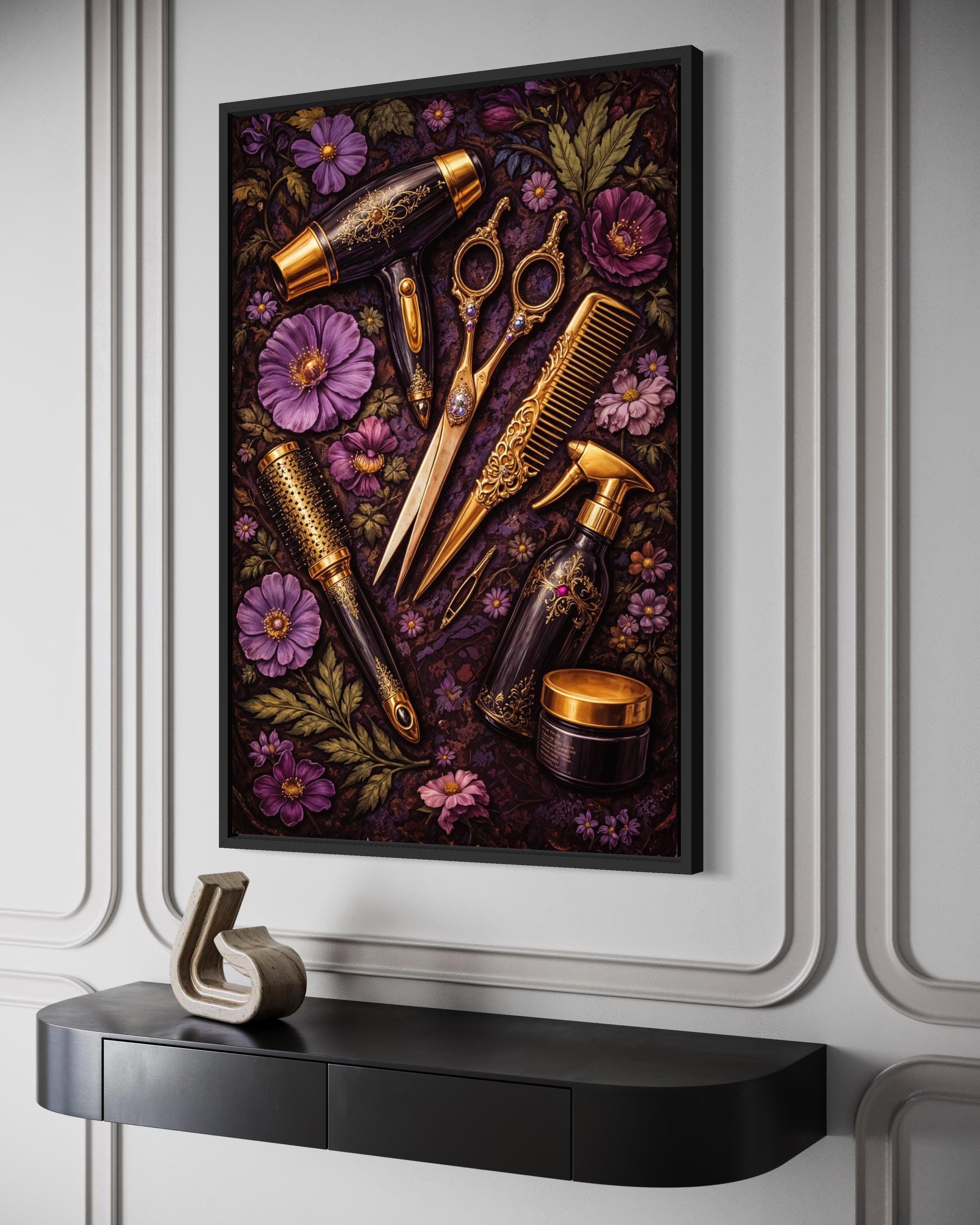 Floral Hair Salon Wall Art - Hairdresser Tools | Scissors Comb Brush Print