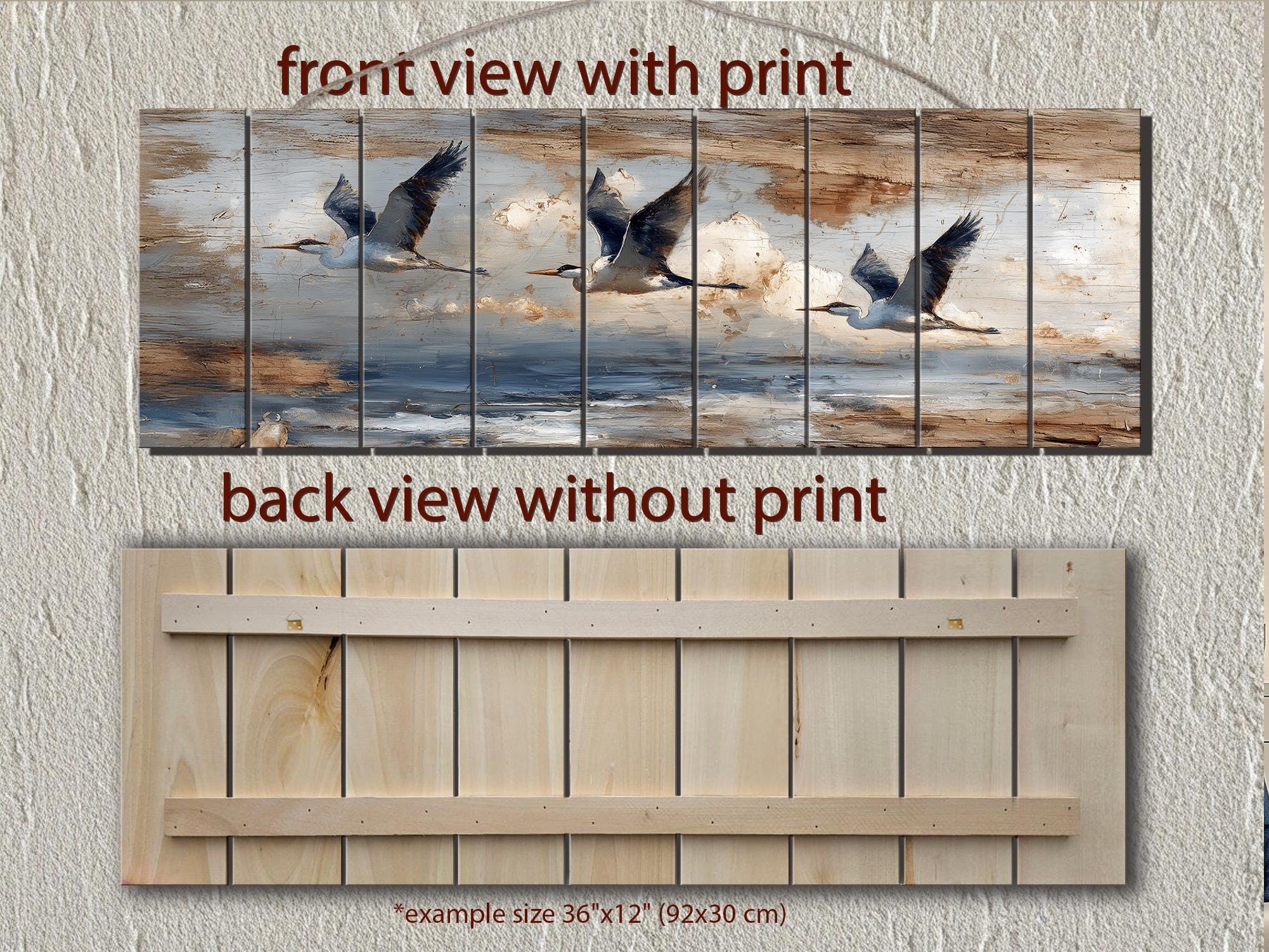 Flying Herons Distressed Wall Art on Wood Planks - Rustic Coastal Bird Decor for Beach Houses