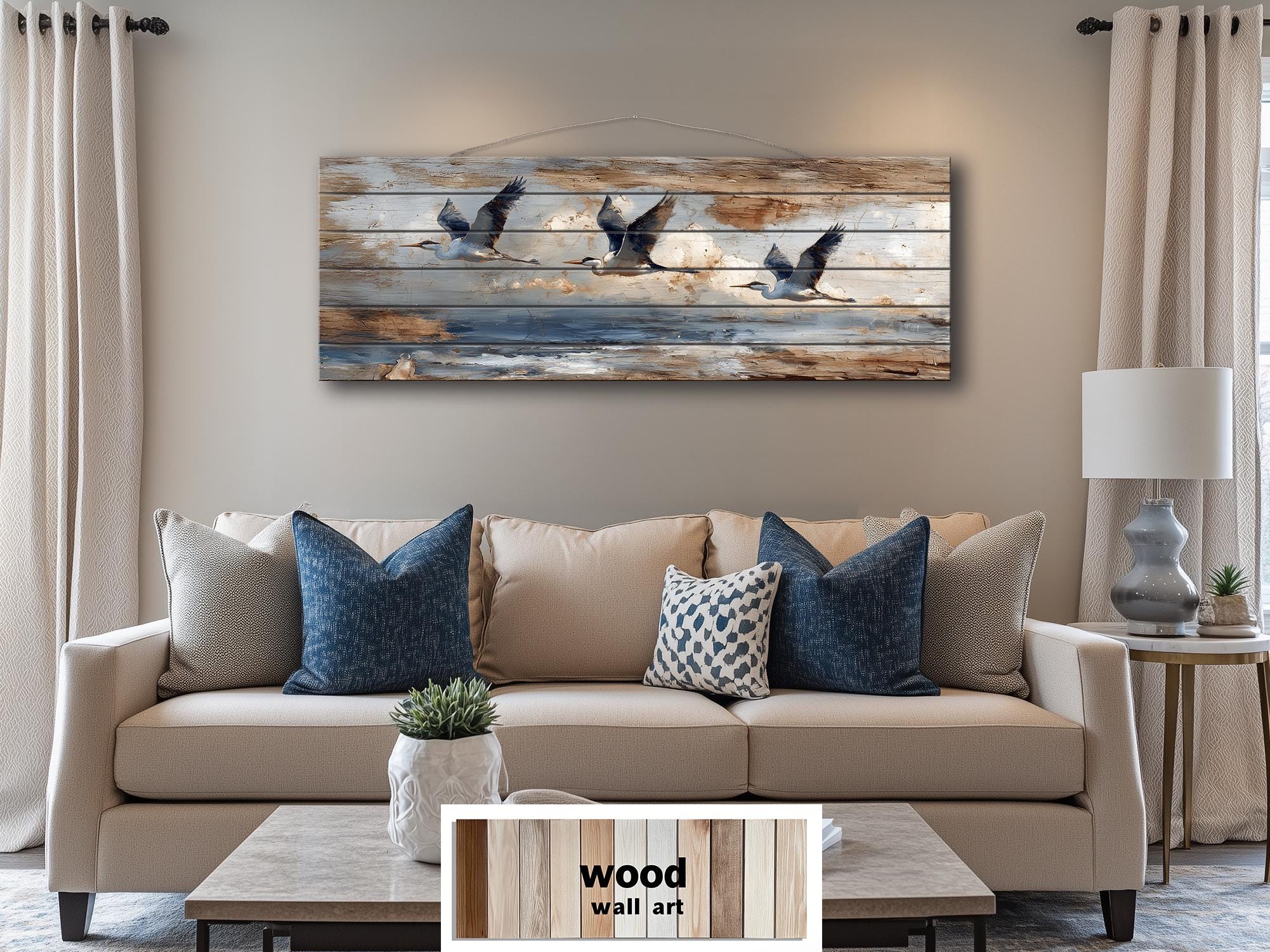Flying Herons Distressed Wall Art on Wood Planks - Rustic Coastal Bird Decor for Beach Houses