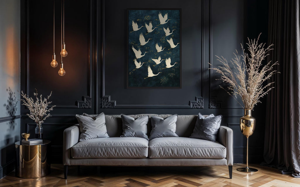 Flying Japanese Cranes Navy Blue Gold Canvas Wall Art