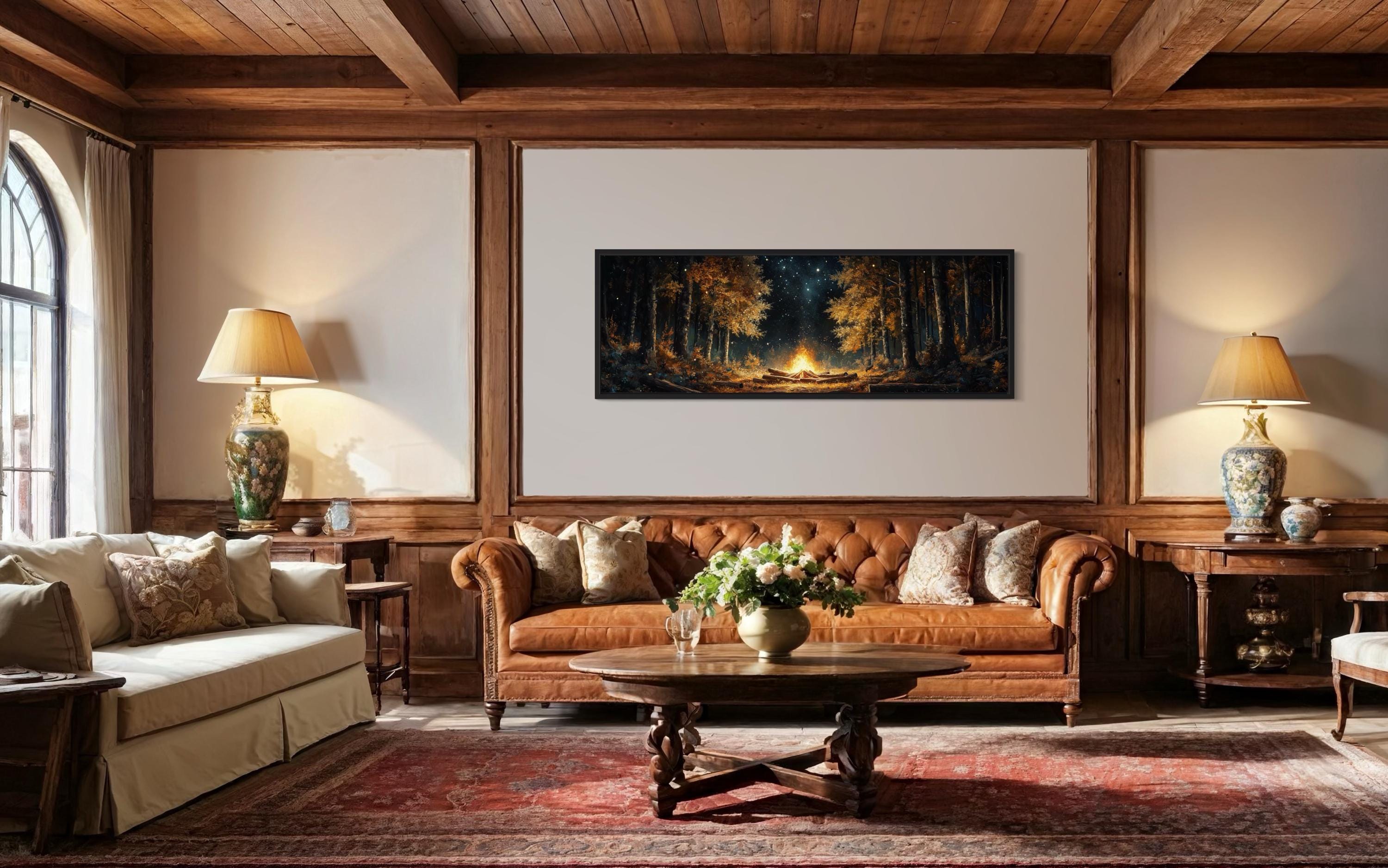 Forest Campfire Long Horizontal Wall Art For Cabin Decor