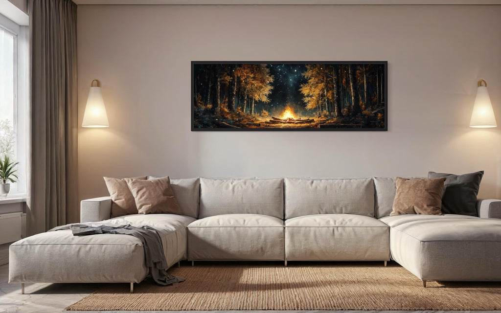 Forest Campfire Long Horizontal Wall Art For Cabin Decor