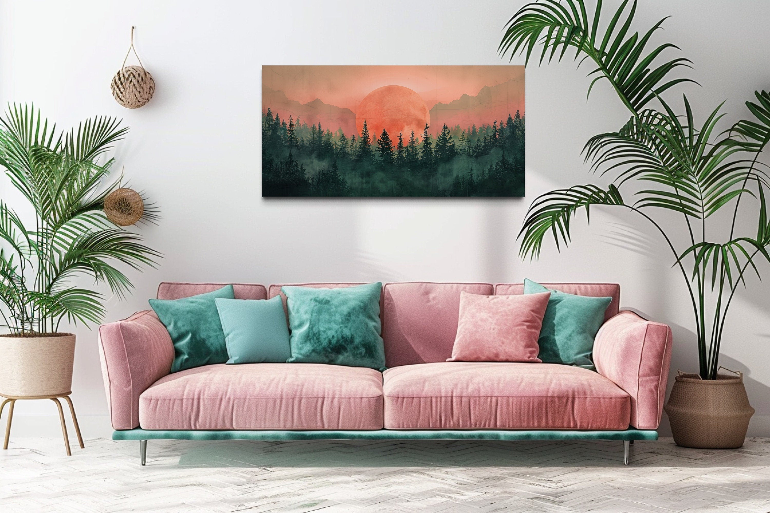 Forest Canvas Wall Art - Framed Pink Green Wall Art | Calming Nature Landscape Decor