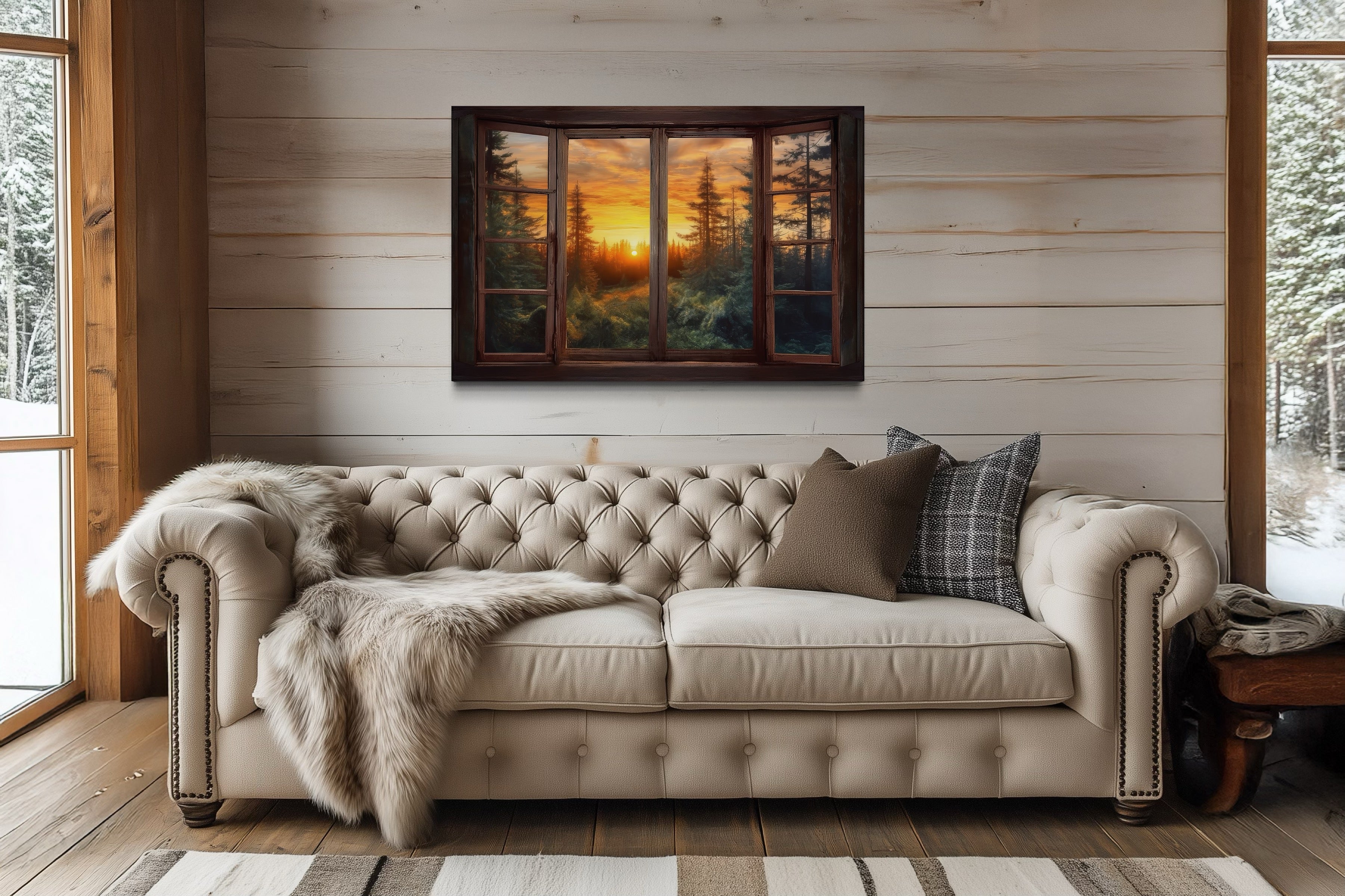 Forest View From Open Window  Rustic Cabin Wall Art
