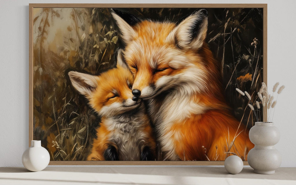 Fox Mama And Baby Hugging Framed Canvas Wall Art