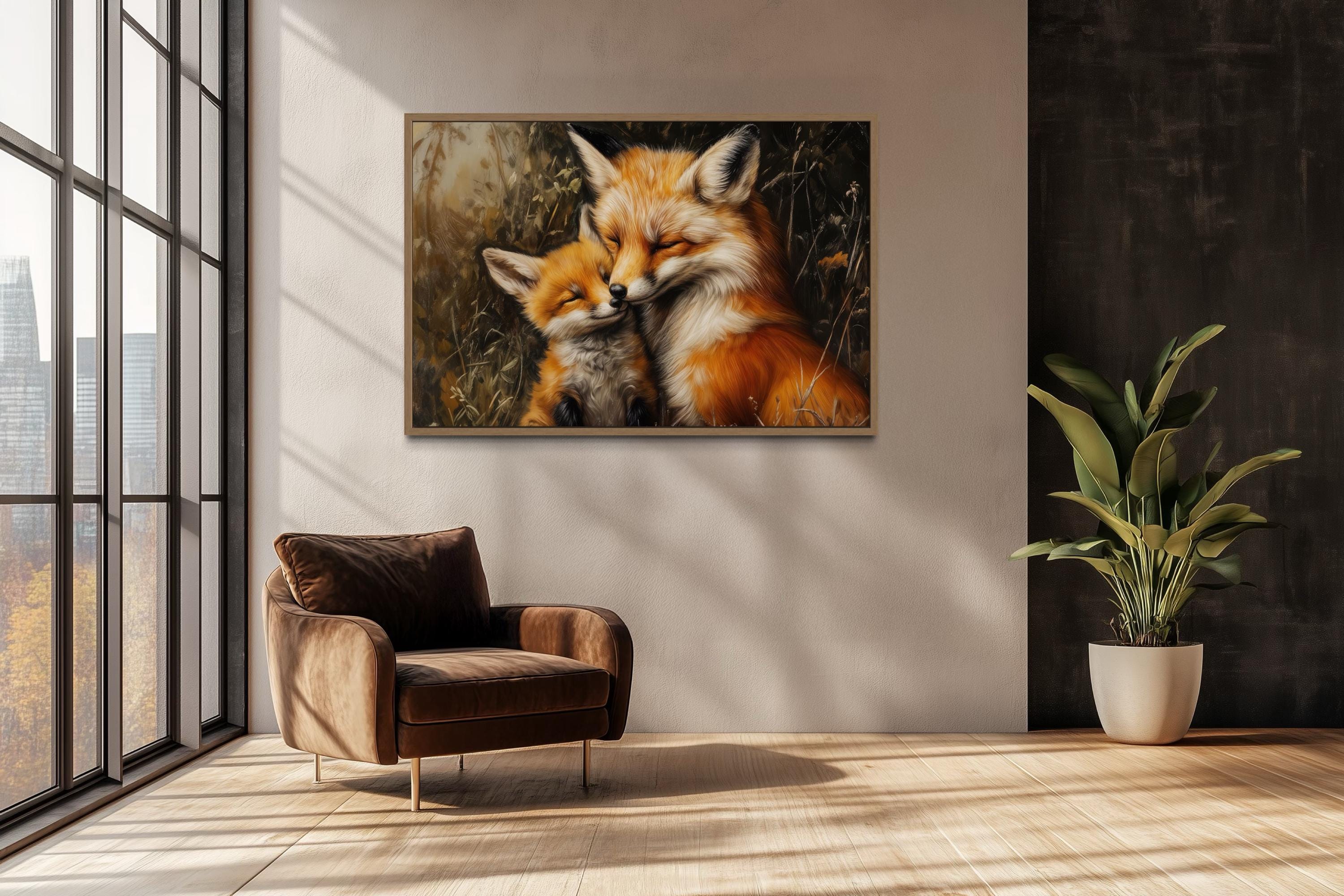 Fox Mama And Baby Hugging Framed Canvas Wall Art