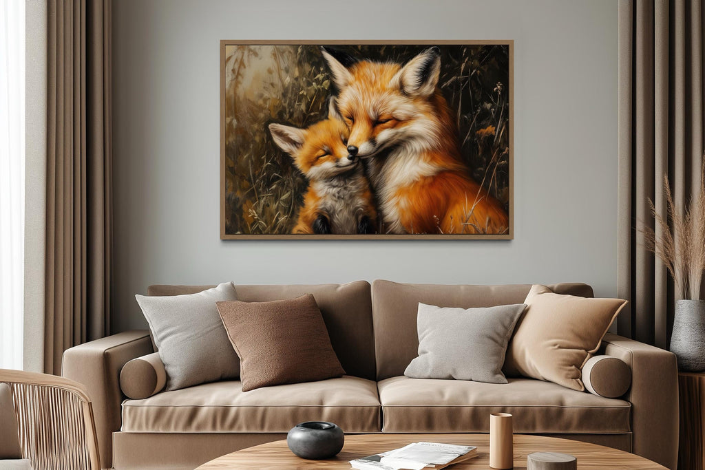 Fox Mama And Baby Hugging Framed Canvas Wall Art