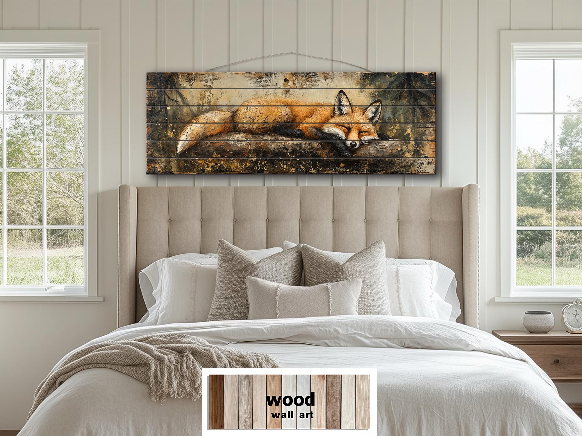 Fox Sleeping on a Log Rustic Woodland Animal Distressed Wood Wall Art