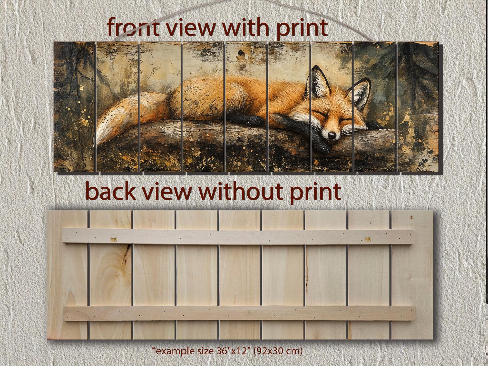 Fox Sleeping on a Log Rustic Woodland Animal Distressed Wood Wall Art