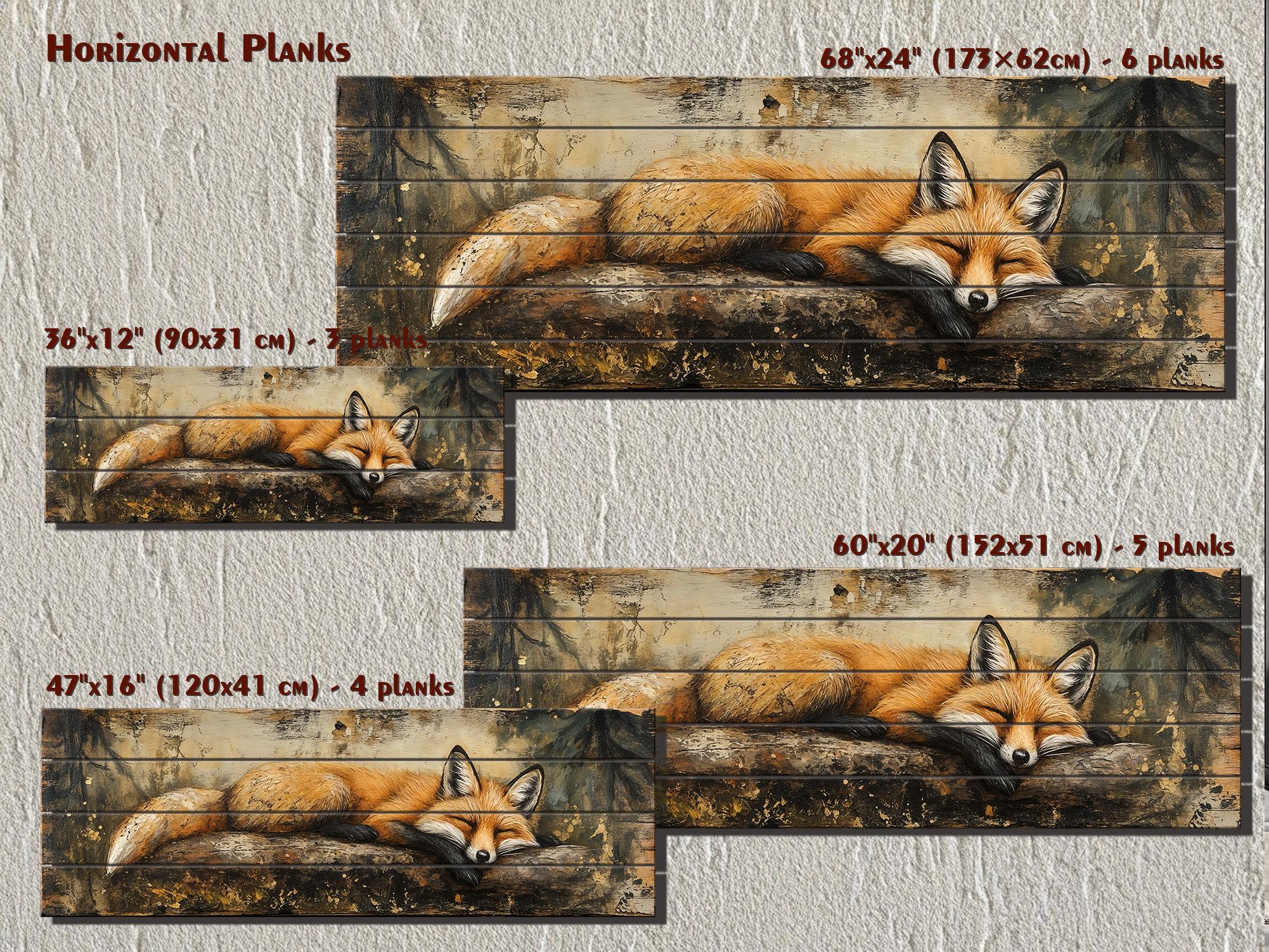Fox Sleeping on a Log Rustic Woodland Animal Distressed Wood Wall Art