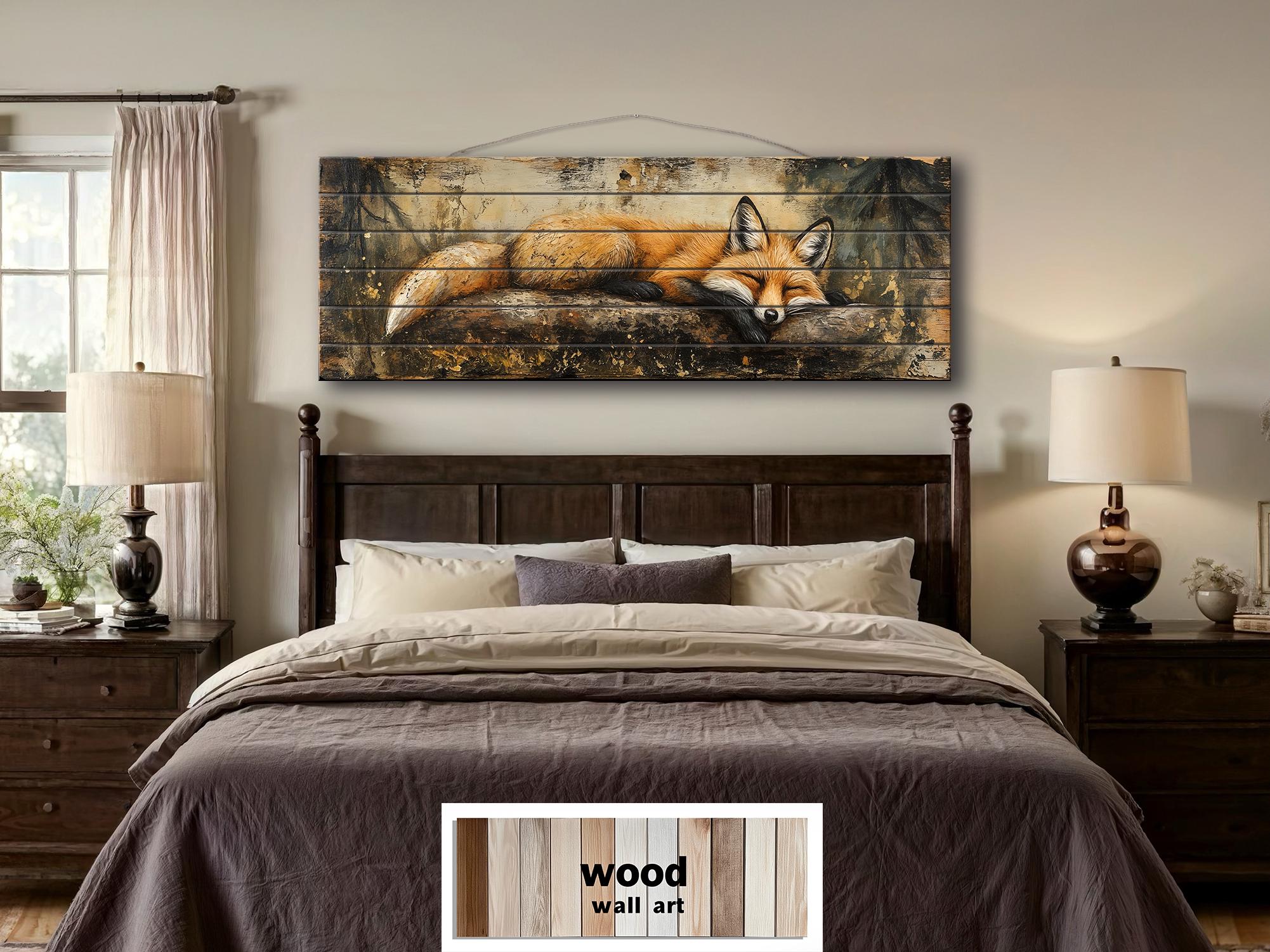 Fox Sleeping on a Log Rustic Woodland Animal Distressed Wood Wall Art