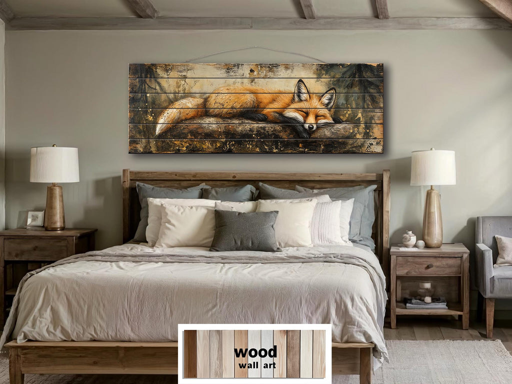 Fox Sleeping on a Log Rustic Woodland Animal Distressed Wood Wall Art