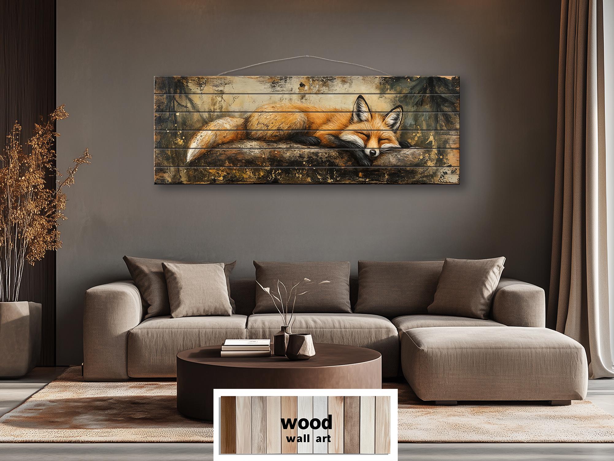 Fox Sleeping on a Log Rustic Woodland Animal Distressed Wood Wall Art