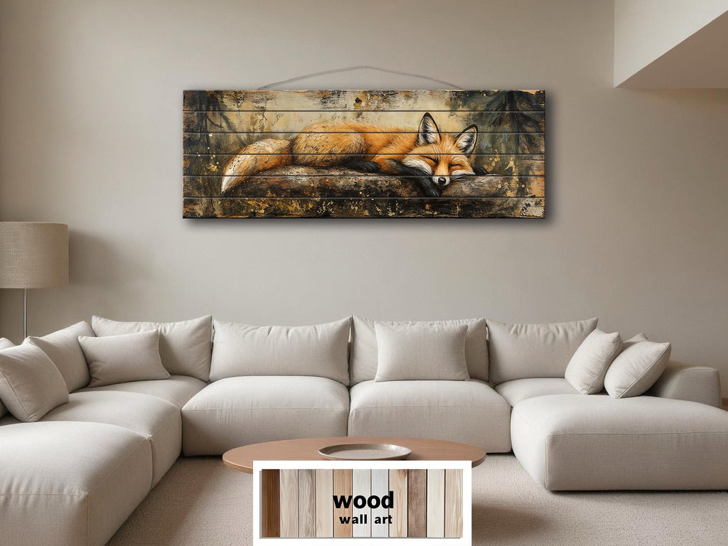 Fox Sleeping on a Log Rustic Woodland Animal Distressed Wood Wall Art