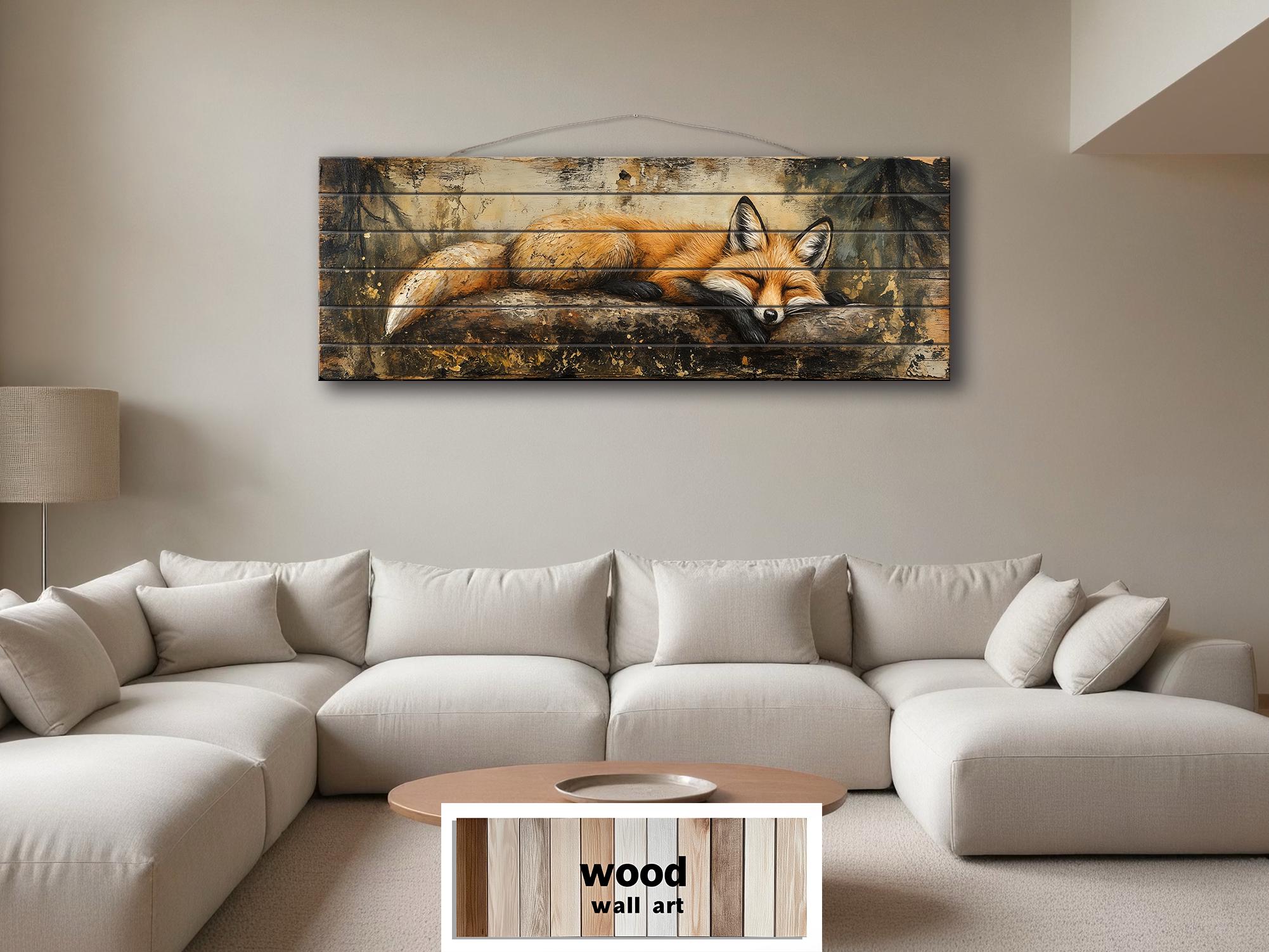 Fox Sleeping on a Log Rustic Woodland Animal Distressed Wood Wall Art