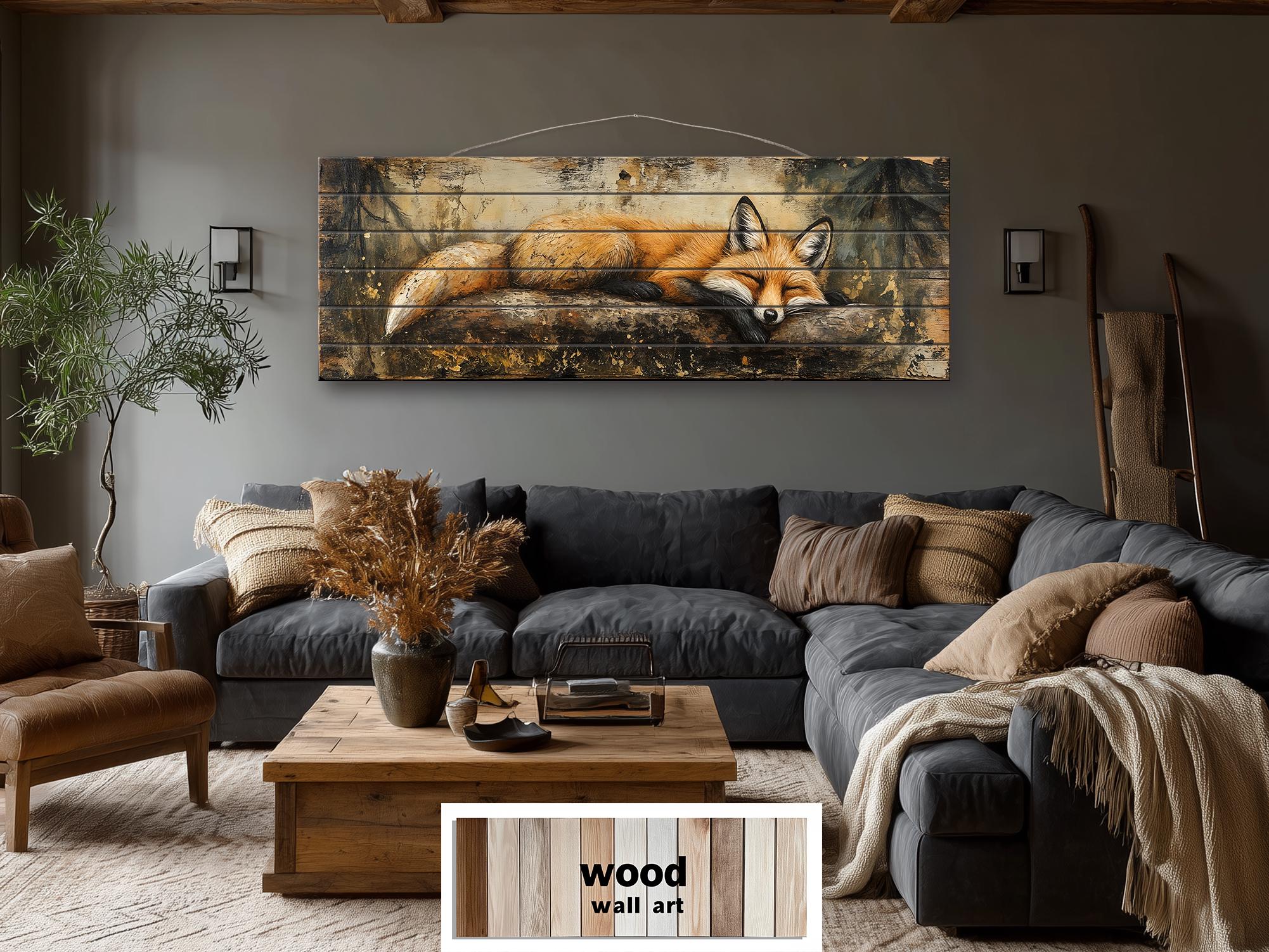 Fox Sleeping on a Log Rustic Woodland Animal Distressed Wood Wall Art