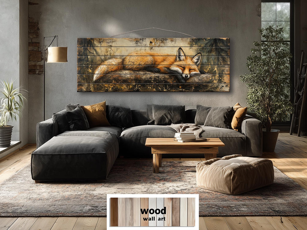 Fox Sleeping on a Log Rustic Woodland Animal Distressed Wood Wall Art