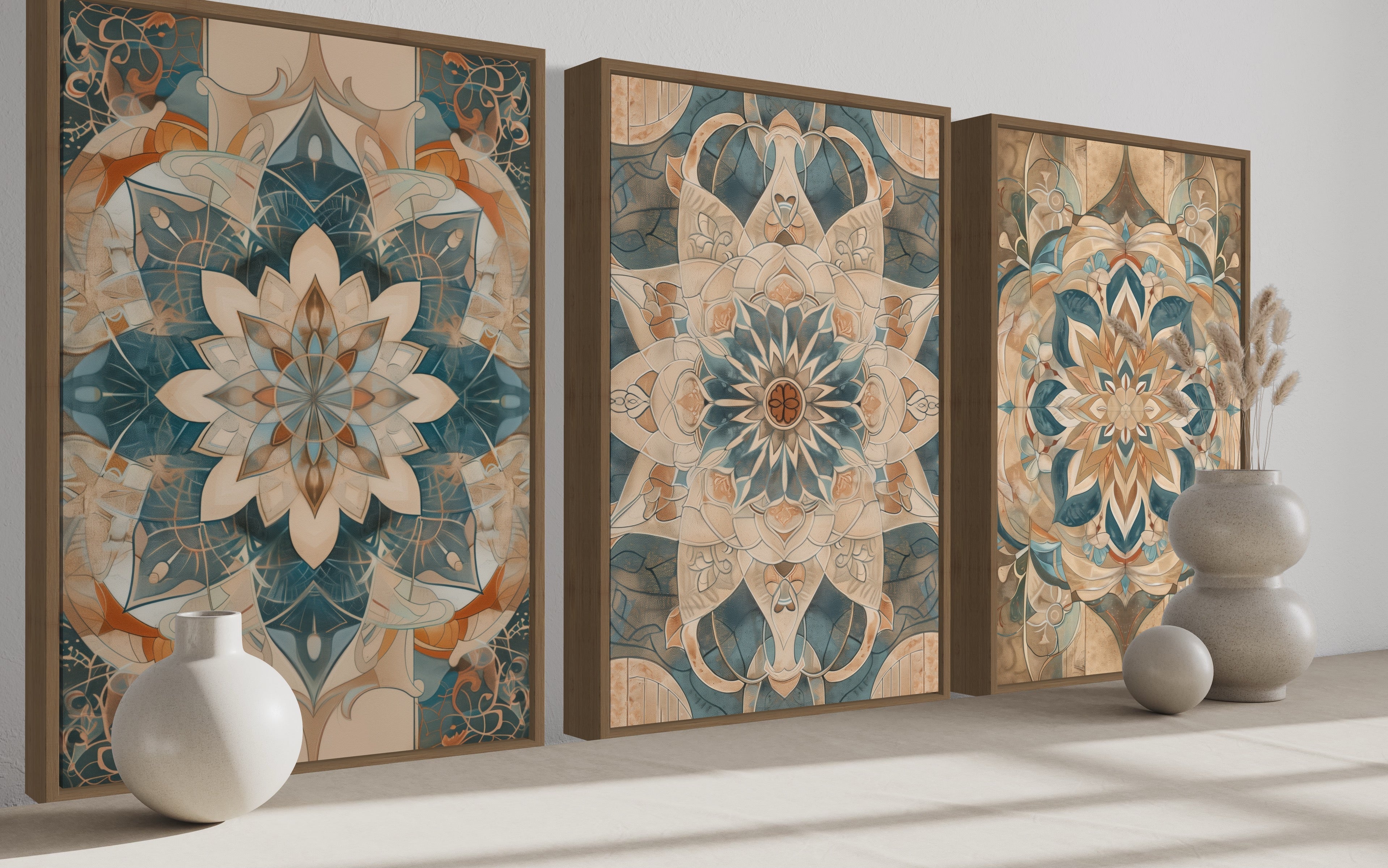 Framed Wall Art Set of 3 Boho Neutral Mandala Wall Decor
