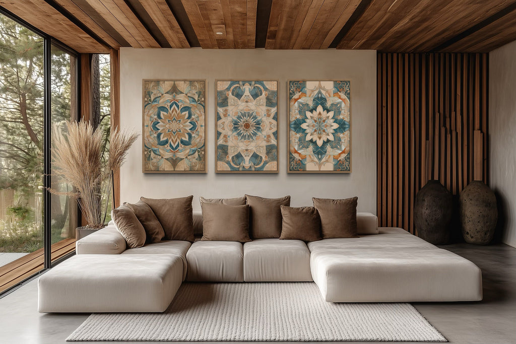 Framed Wall Art Set of 3 Boho Neutral Mandala Wall Decor