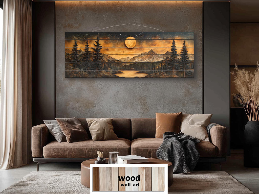 Full Moon Over Mountains  Long Horizontal Real Wood Wall Art For Cabin Decor