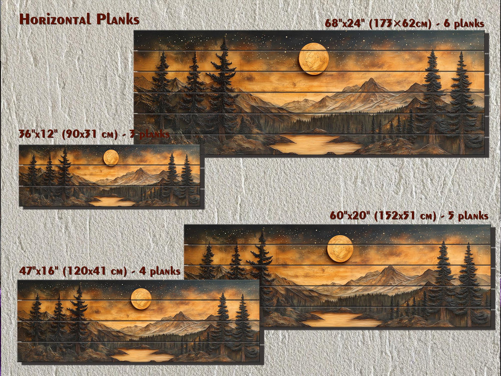 Full Moon Over Mountains  Long Horizontal Real Wood Wall Art For Cabin Decor