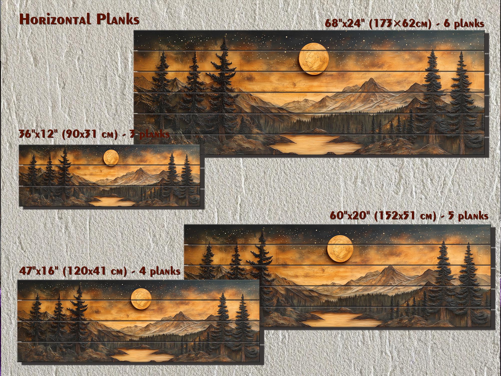 Full Moon Over Mountains  Long Horizontal Real Wood Wall Art For Cabin Decor