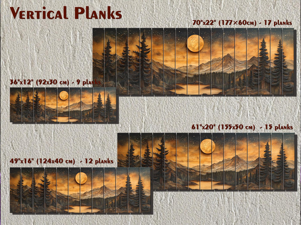Full Moon Over Mountains  Long Horizontal Real Wood Wall Art For Cabin Decor