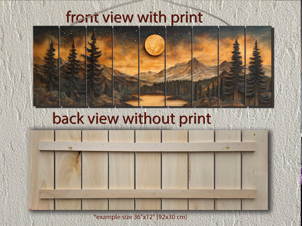 Full Moon Over Mountains  Long Horizontal Real Wood Wall Art For Cabin Decor