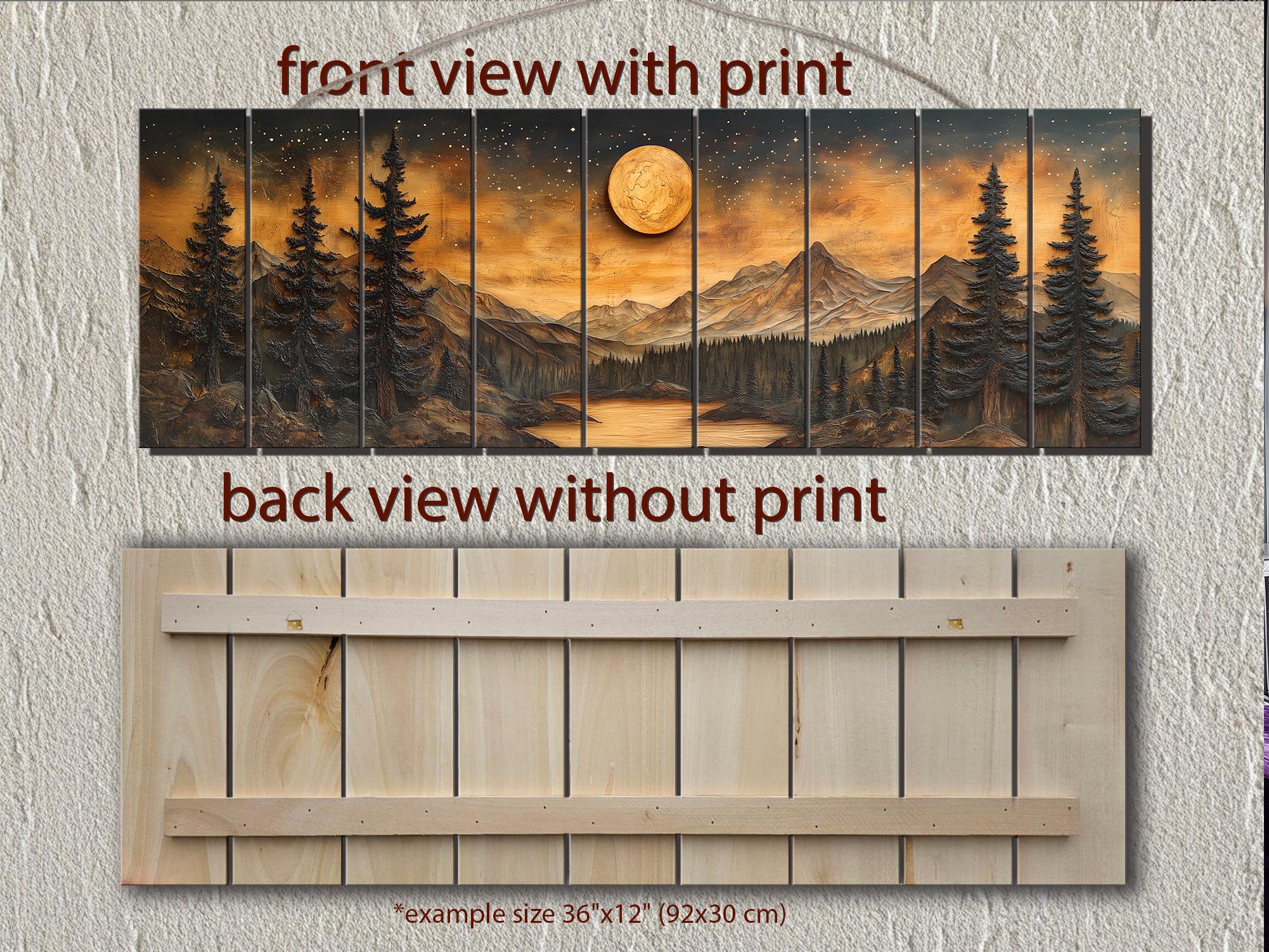 Full Moon Over Mountains  Long Horizontal Real Wood Wall Art For Cabin Decor