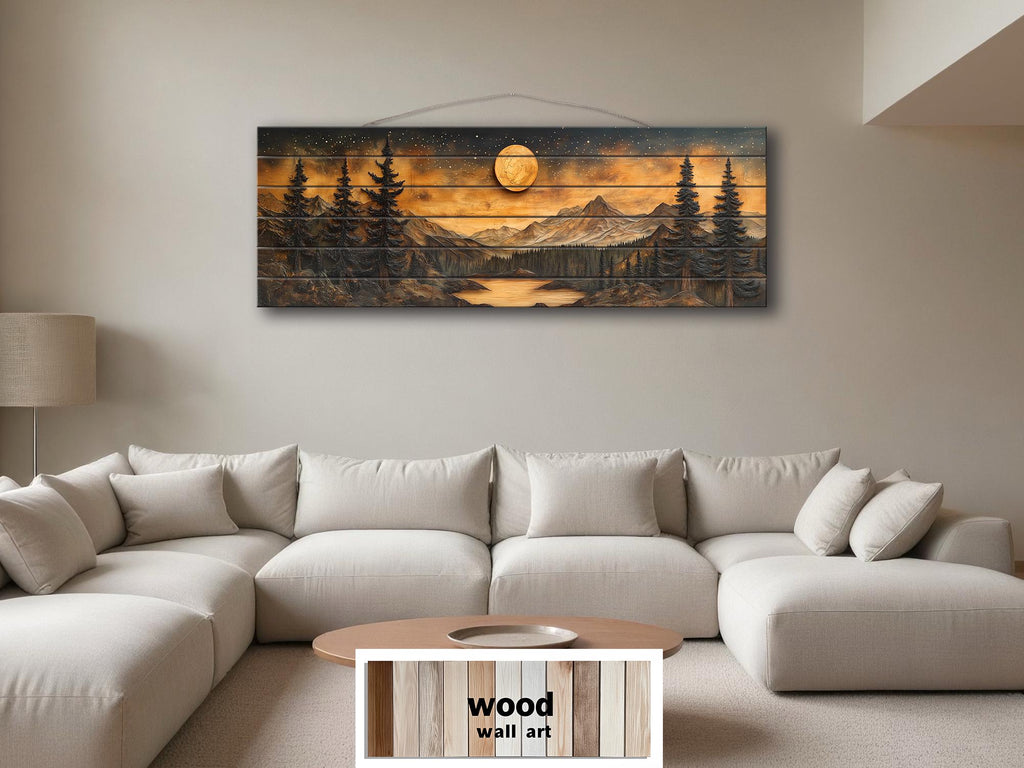 Full Moon Over Mountains  Long Horizontal Real Wood Wall Art For Cabin Decor