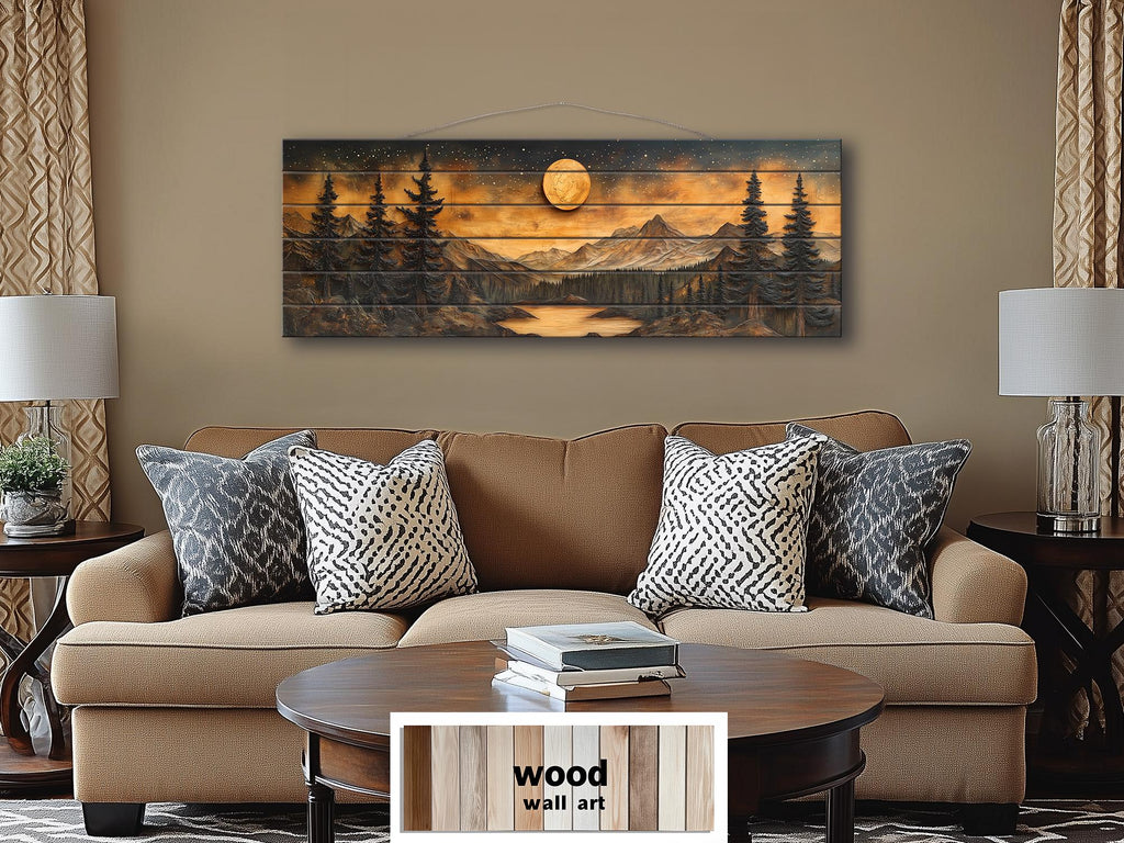 Full Moon Over Mountains  Long Horizontal Real Wood Wall Art For Cabin Decor