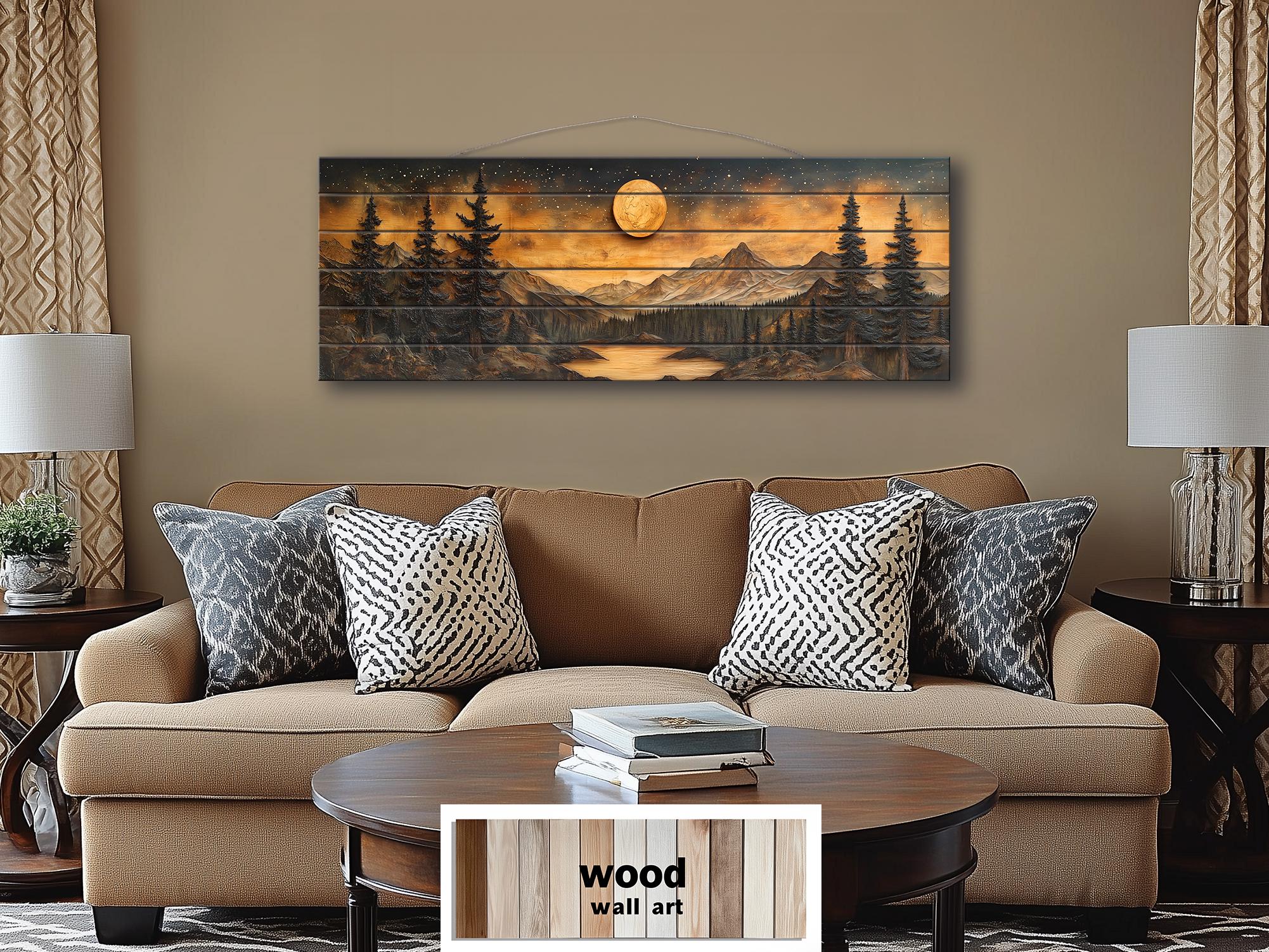 Full Moon Over Mountains  Long Horizontal Real Wood Wall Art For Cabin Decor