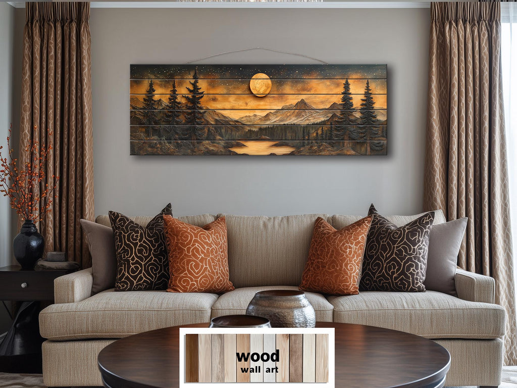 Full Moon Over Mountains  Long Horizontal Real Wood Wall Art For Cabin Decor